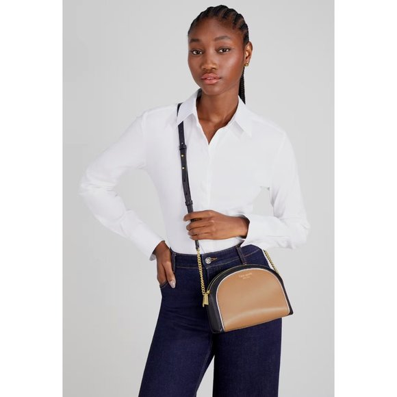 New Kate Spade Morgan Colorblock Double-zip Dome Crossbody Leather Cafe Mocha - Picture 2 of 4